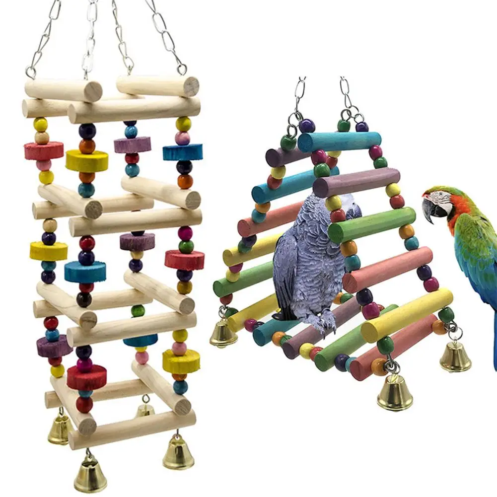 

Parrots Toys Bird Swing Exercise Climbing Hanging Ladder Bridge Wooden Rainbow With Bells Pet Parrot Macaw Hammock Bird Toy