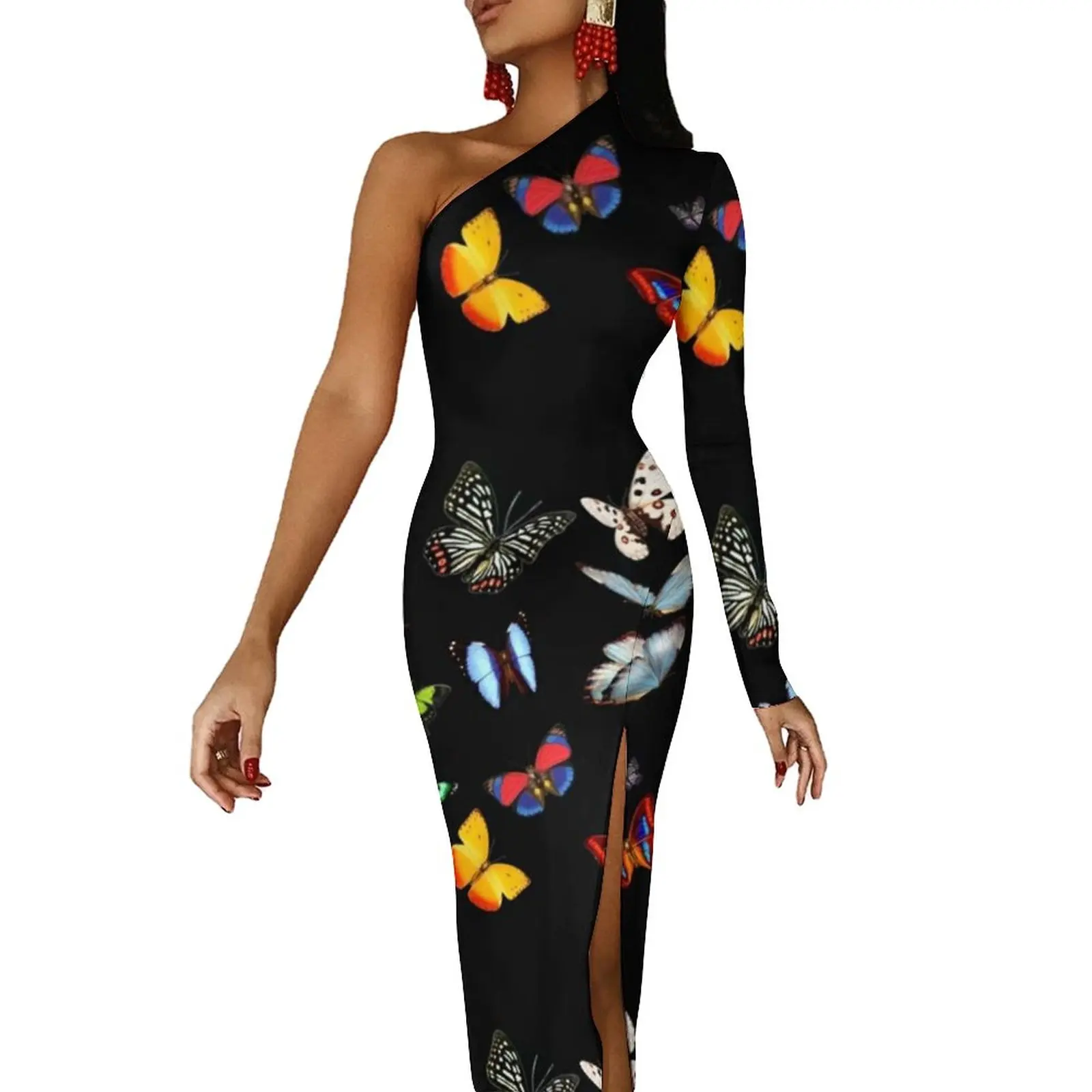 

Colorfull Butterfly Maxi Dress Long Sleeve Lots of Pretty Butterflies Insect Vintage Bodycon Dress Lady Street Wear Long Dresses