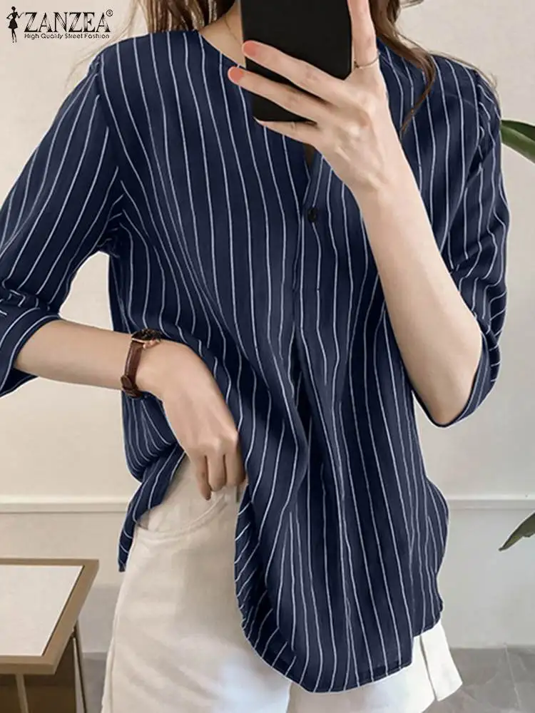 

O Neck Six Quarter Sleeve Shirt Elegant Casual Bohemian Holiday Loose Work OL Tops ZANZEA Women Summer Striped Blouse Casual