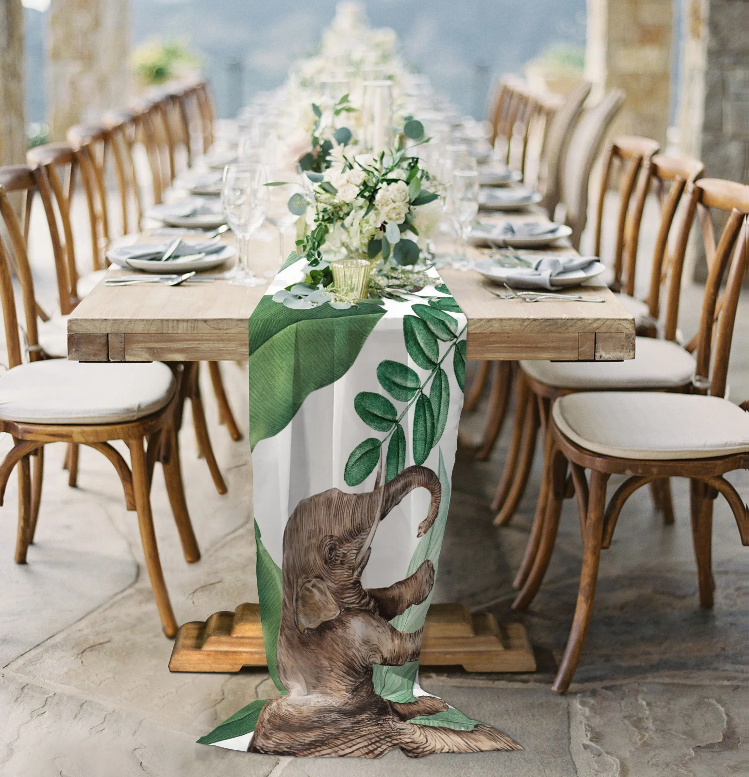 

Прозрачная шифоновая скатерть с тропическими растениями, африканский слон, Тюлевая скатерть для свадебной вечеринки, украшение для дома