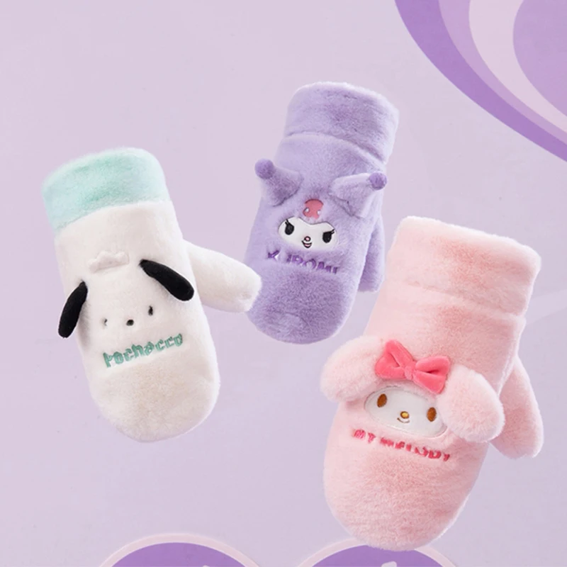 

Sanrio My Melody Gloves Kawaii Kuromi Pochacco Student Ride Hand Protection Winter Cute Anime Warm Thick Pile Neck Gift for Kids