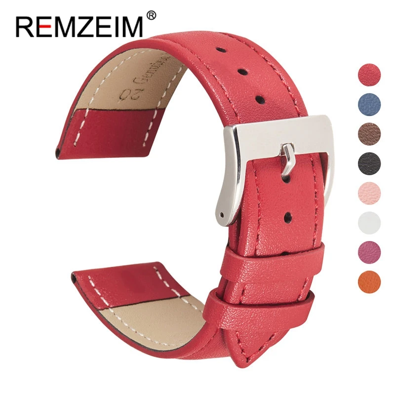 

Ремешок кожаный REMZEIM для наручных часов, браслет для часов, 8 цветов, аксессуары для часов с однотонной пряжкой, 16/18/20/22 мм