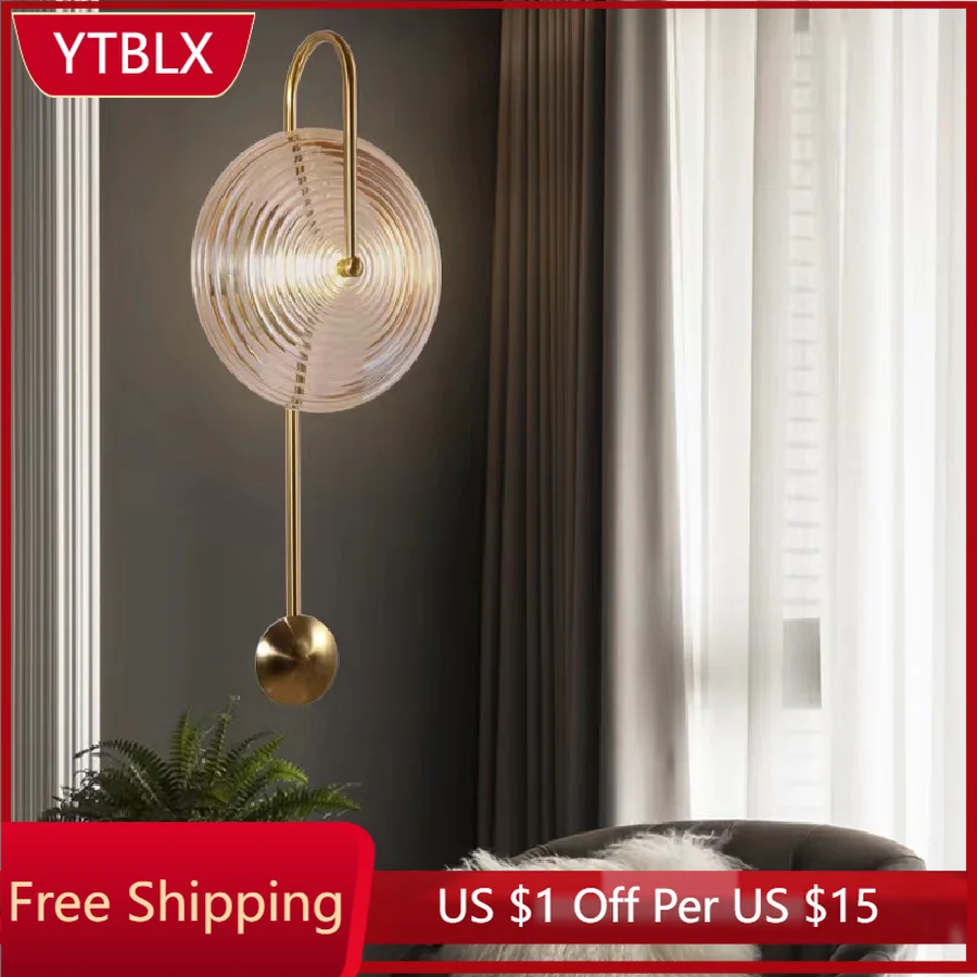 

Modern Minimalist Creative Wall Light Luxury Glass Water Ripple Round Stair Lamp Sconce Aisle Balcony Copper Bedside Wall Light