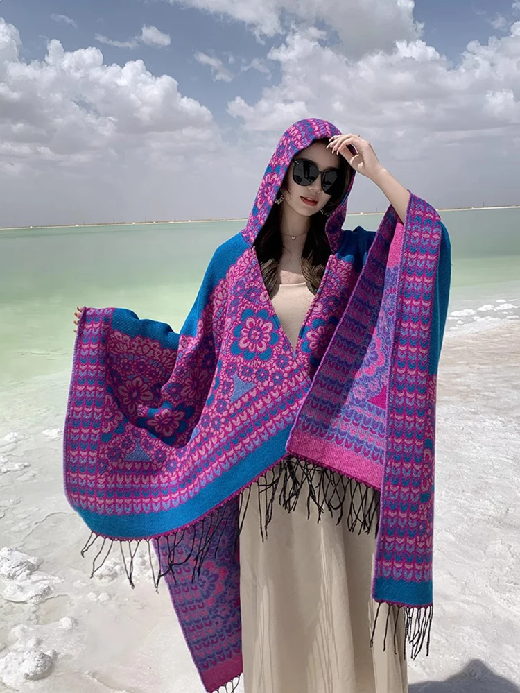 Фото GypsyLady Boho Цветочные вязаные плащи, накидки, толстовки, винтажные, толстые, теплые, Женская Бриллиантовая накидка, пончо, верхняя одежда №4