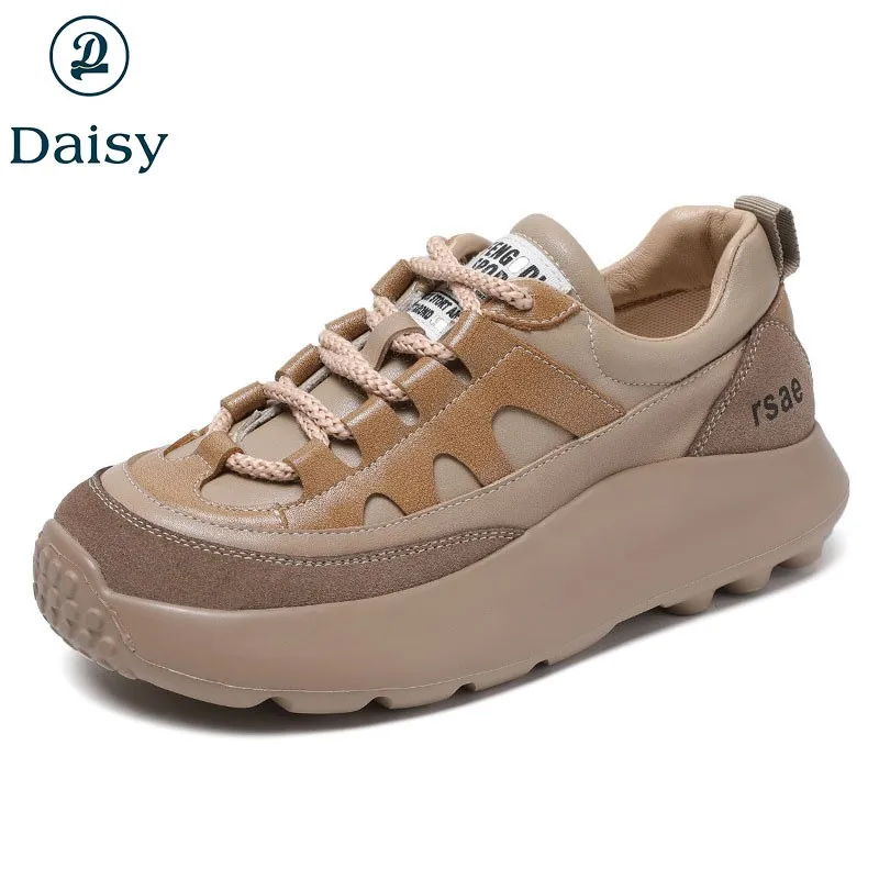 

Genuine leather thick soles daddy shoes women's 2023 spring new style high rise retro contrast casual shoes sports women's shoes