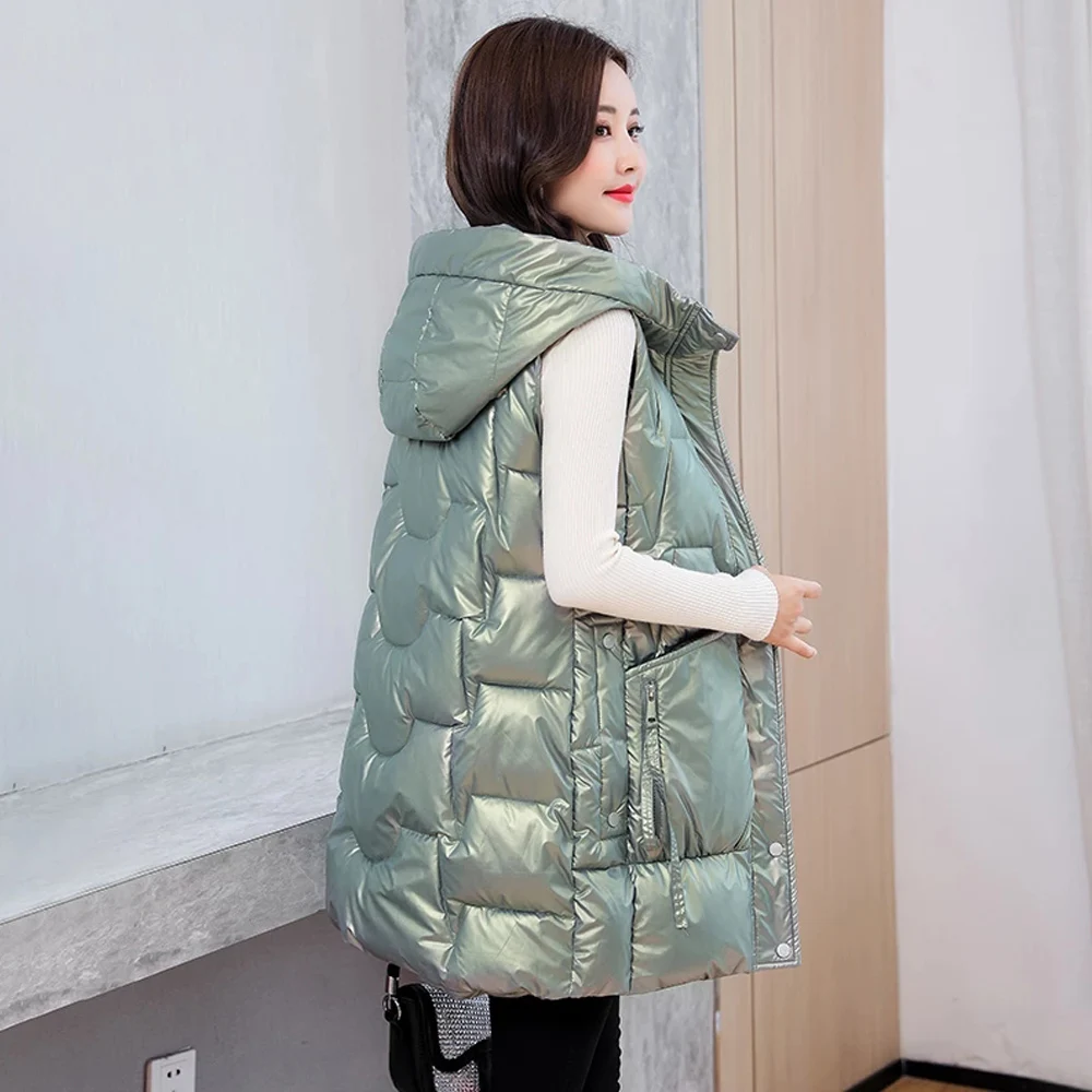 

Sneeuw Dragen Warme Lange Vest Vrouwen Winter Waterdichte Vest Jas Hooded Grote Zakken Mode Glossy Parka Mouwloze Jas Jas