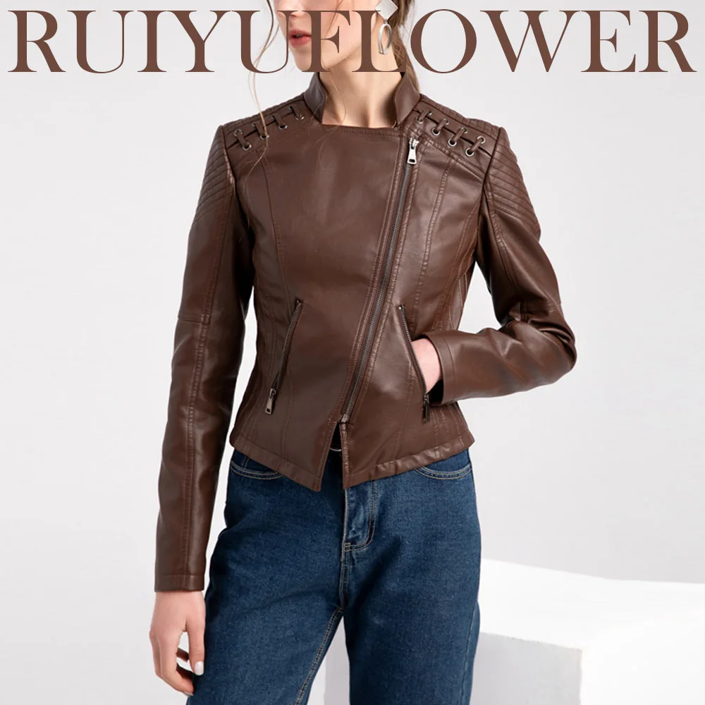 

Spring Autumn Lady All Match Basic Slim Lapel Collar PU Jacket Faux Leather Top Slim Women Clothes Motorcycle Coat Free Shipping