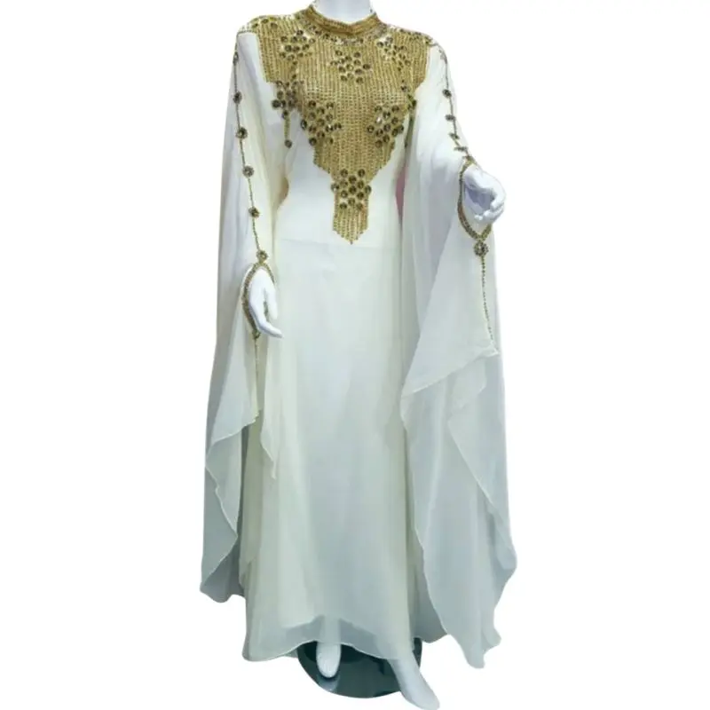 Dubai Kaftan Half High Collar Kurtas White Georgette Indian Robe Metal Sequins Beaded Decoration Handmade Wedding Dress