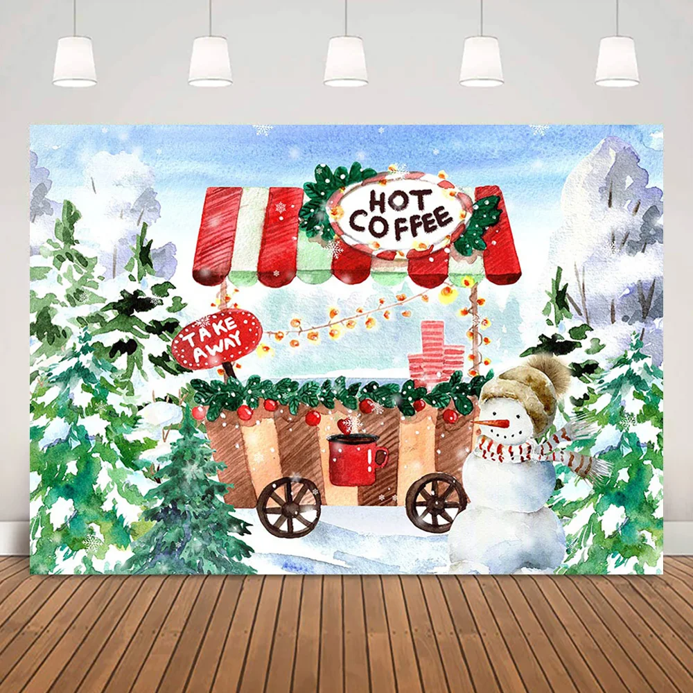 

Фон для детской фотосъемки с изображением кофейни, снега и сосны