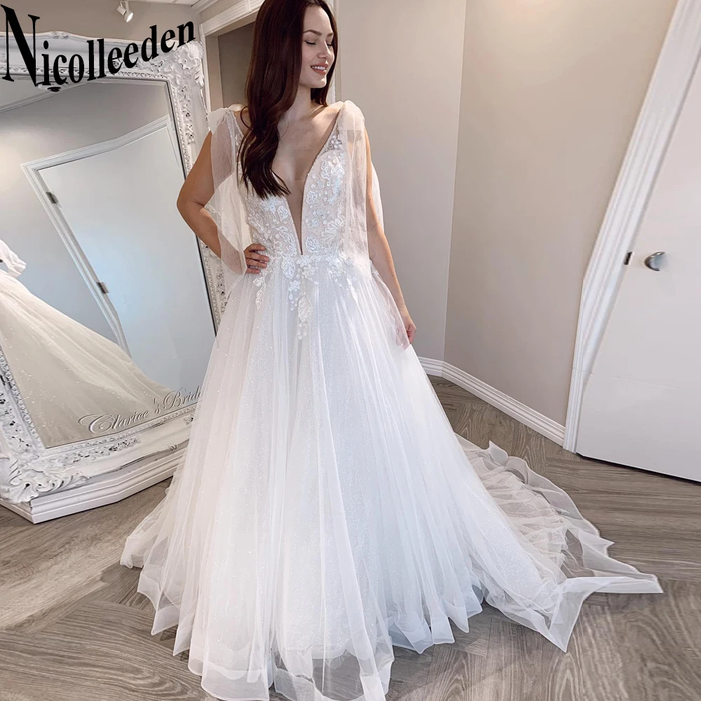 

Nicolle Classic Wedding Dress Women 2023 Aline Tulle Bow Deep-V Appliques Buttons Gown Robe De Soirée De Mariage Customise