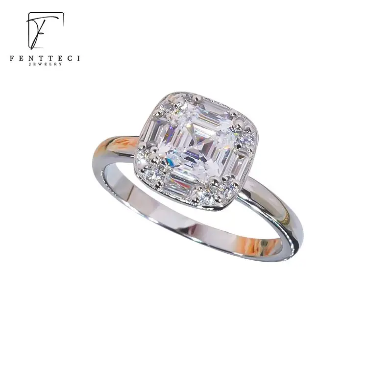 FENTTECI S925 Sterling Silver Platinum Plated Square Moissanite Ring Luxury Jewelry For Women Wedding Engagement Party Gift