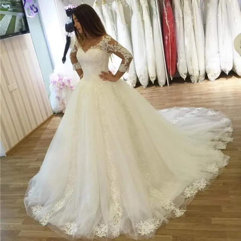 

Princess Wedding Dresses Vestido De Noiva 2023 V Neck Corset Ball Gown Ivory Tulle Long Sleeves Bridal Dress Lace Appliqued
