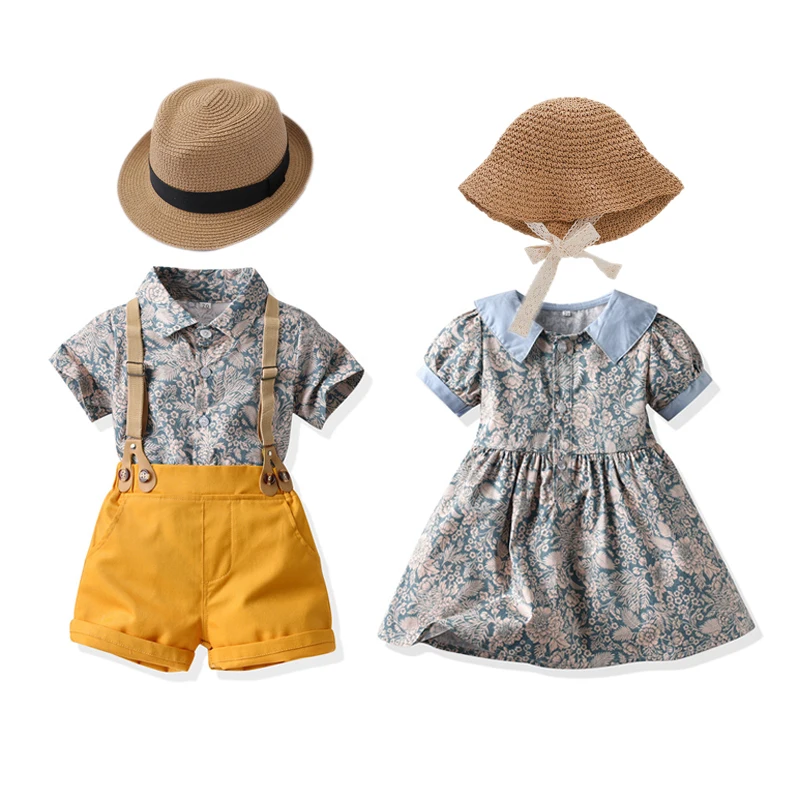 Kids Clothes for Boys Gentleman Wedding Suit Floral Dress Girls Clothing Sister and Brother Twins Matching Outfit for Birthday