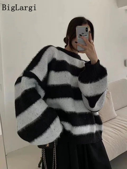 Puff Sleeve Knitted Sweater Women Korean Striped Vintage Pullover Ladies Tops Women's Clothing Round Neck Autumn Winter Jumper 5