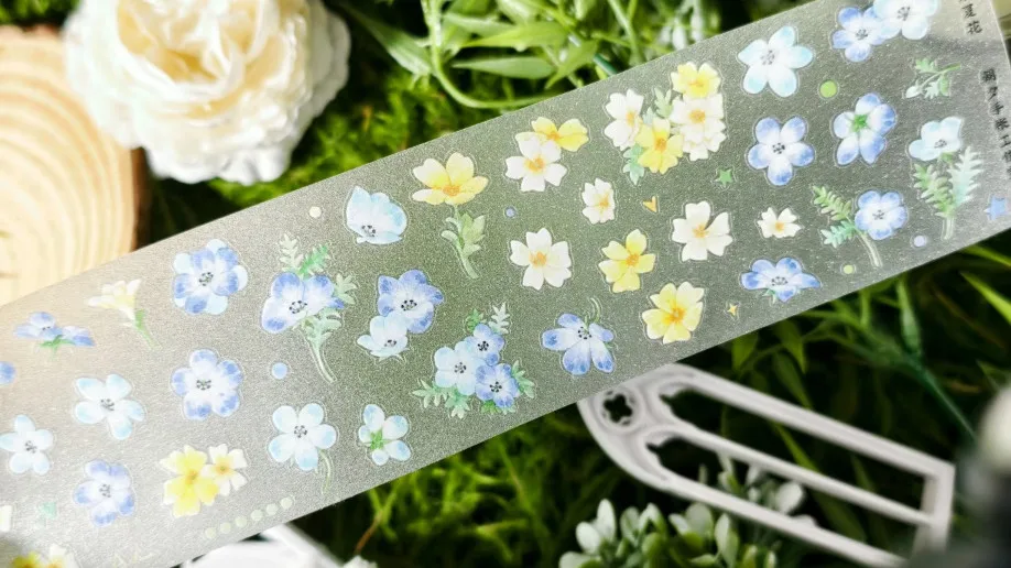 Лента Washi PET 3.25, 1 рулон, с дизайном «Летние цветы» и «Звездное небо», пленка PET, ножницы для резки пленки, сине-желтые цветы «День и ночь» (art.: 3920d933a8922) - 3920d933a8922