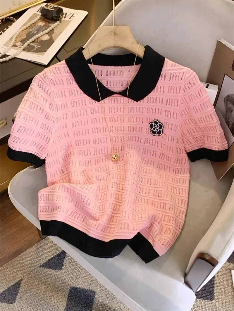 Женский винтажный свитер с коротким рукавом трикотажная футболка цветочным