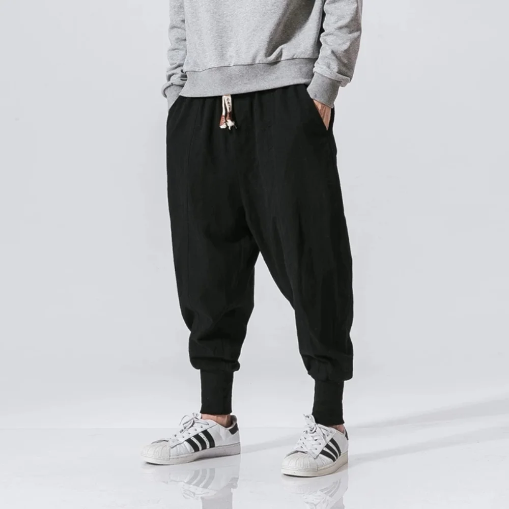 

Pants Streetwear Elastic Men New Casual Drop-crotch Waist 2022 Joggers Solid Linen Harem Baggy Pants Trousers Men Cotton