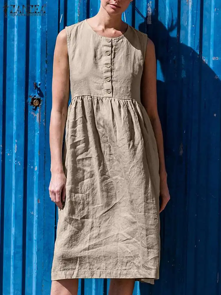 

ZANZEA O-Neck Sleeveless Button Dress Side Pockets Sarafans Midi Vestido Summer Woman Fashion Casual Elegant Loose Sundress 2022