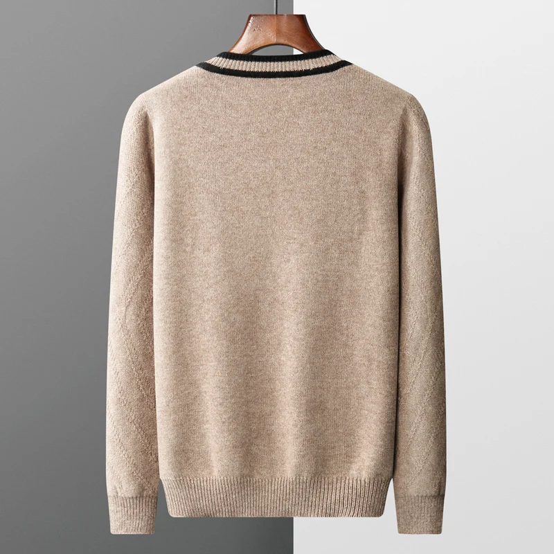 Ganleawort Pure Wool Sweater Men's Warm Color Contrast V-Neck  Autumn Winter New Thickened Knitting Korean Version Bottom Shirt