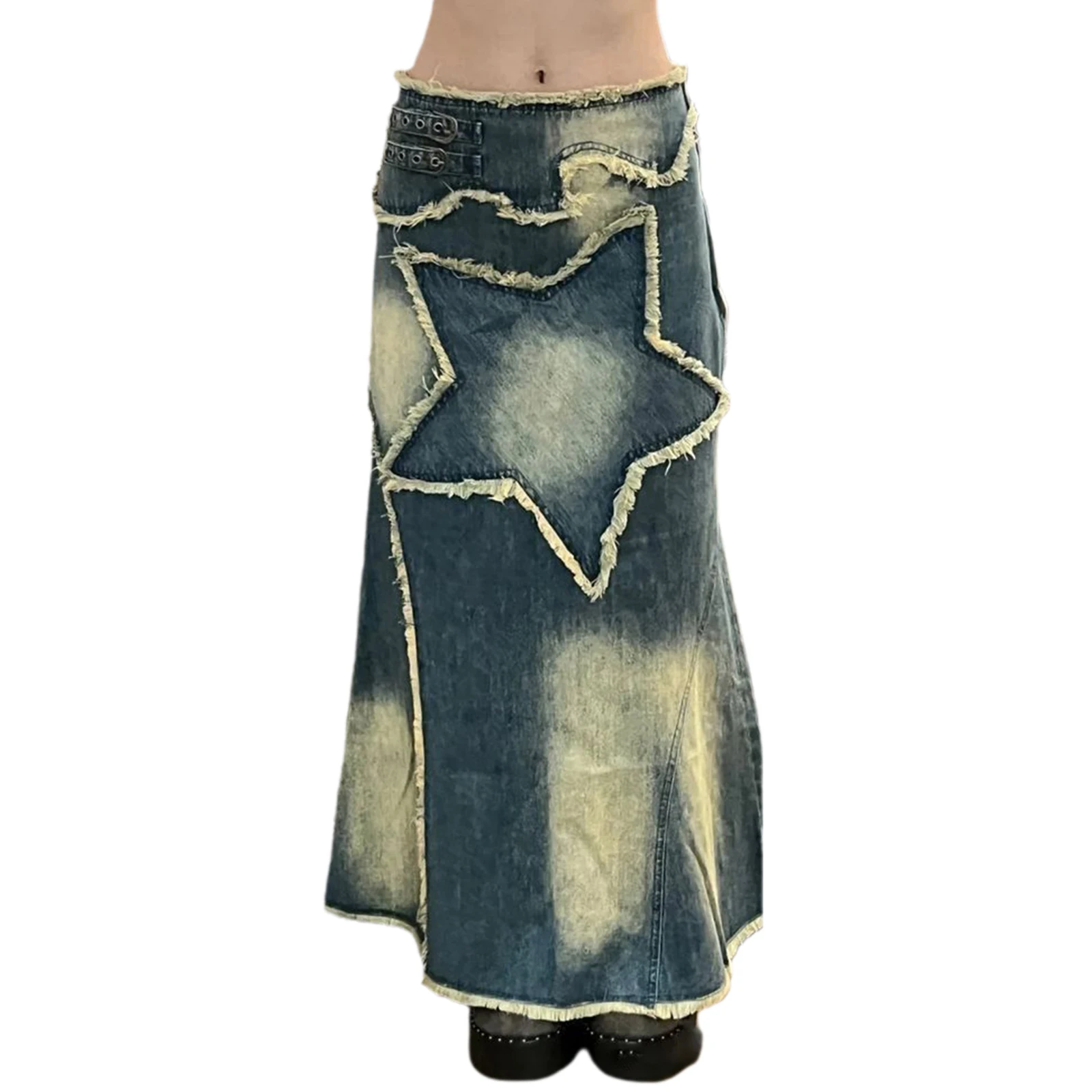 

FUFUCAILLM Women Denim Long Skirt with Tassels 00s Mermaid Skirt Aesthetic Pentagram Pattern Skirt y2k Vintage Grunge Streetwear