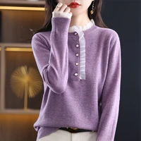 spring and autumn new knitted sweater womens round neck lace pullover sweater loose fashion all match knitted bottoming shirt