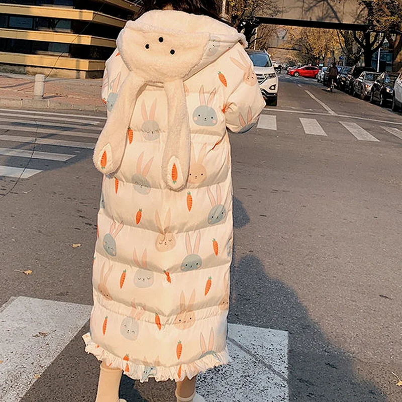 Women's New Over-the-knee Korean Loose Mid-length Thick Fishtail Cotton-padded Jacket Cute Rabbit Ears Cotton-padded Jacket