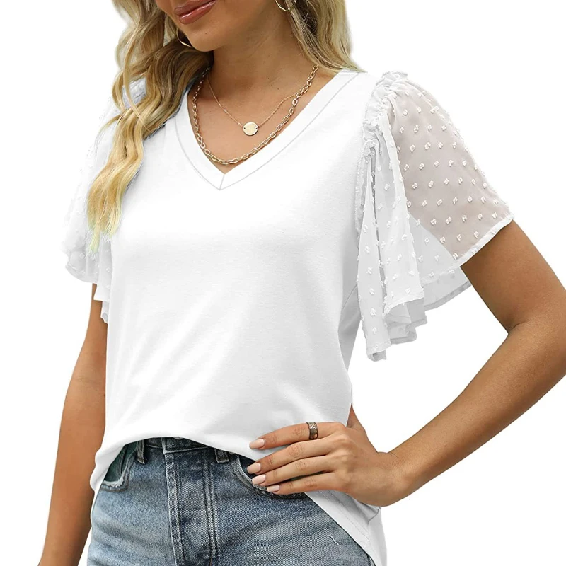 

Однотонные рубашки с V-образным вырезом, блузка с оборками и коротким рукавом, Повседневная Свободная Офисная Женская рубашка, женская летняя одежда, новинка 2023, 26147