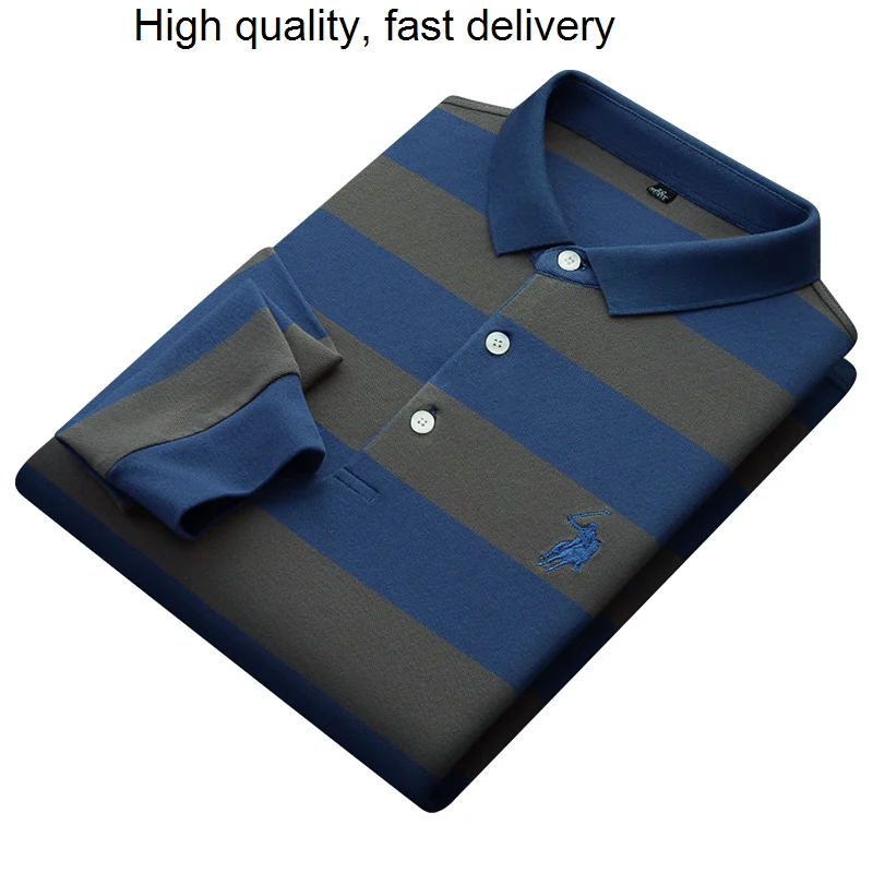 

and autumn Spring cotton lapel long-sleeved striped T-shirt middle-aged and young men's business formal polo shirt 8717