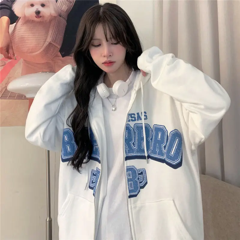 

Женский тонкий кардиган с капюшоном, свободный свитер большого размера с буквенным принтом в Корейском стиле, весна-осень 2022