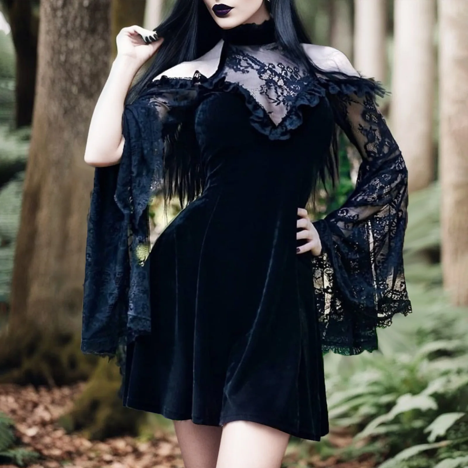 

E-girl Grunge Gothic Black Mini Dress Lace Trim High Waist Bodycon Dress Y2K Women 90s Vintage Punk Harajuku Lolita Clothes