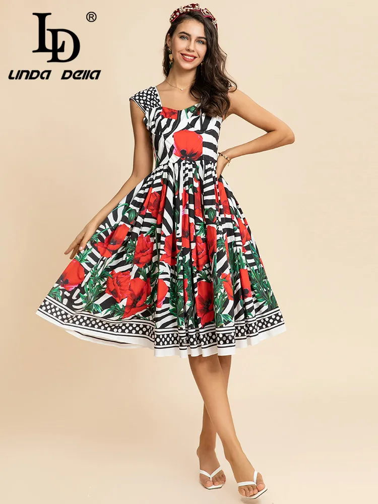 

LD LINDA DELLA 2023 весенне-летнее платье для женщин с высокой талией без рукавов винтажное Полосатое Платье с принтом зебры Вечерние Платья Миди