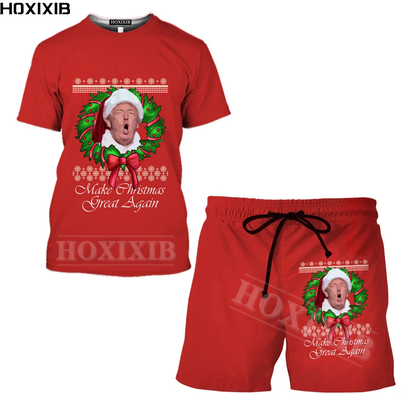 

Футболка и шорты HOXIXIB для мужчин и женщин, комплект из двух предметов с рождественским принтом Дональда Трампа, Милая футболка с 3D-принтом снеговика, новогодний подарок, летняя одежда