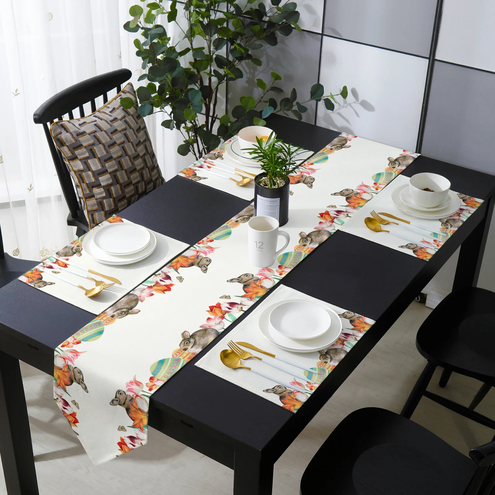 

Easter Egg Tulip Flower Bunny Rabbit Table Runner Set Wedding Party Home Decoration Table Mat Utensils for Kitchen Accessories