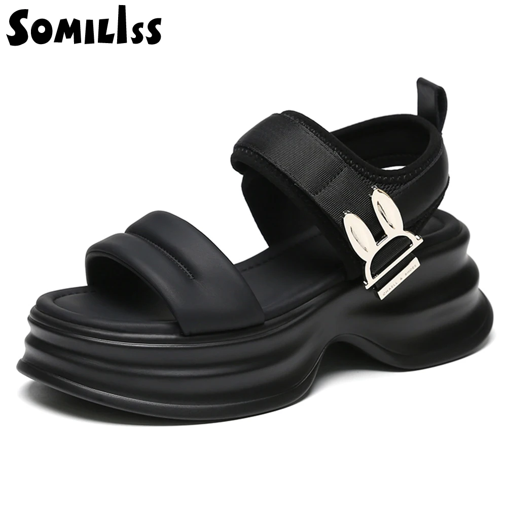 SOMILISS Platform Sandals Women Cute Rabbit Hook Loop Microfiber Leather Round Toe Ladies Summer Fashion Flat Casual Sandals