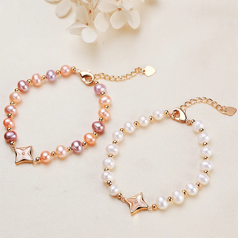 

Freshwater Pearl Bracelet for Women 5mm Near Round Pearl Inlaid Fritillary Jewelry Simple Graceful Hand Ornament Girls' Gift