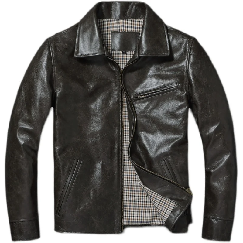 

Genuine Leather Autumn Leather Slim Cowhide Leather Jacket Men Men's Fit Spring Coat Cow Top Wax Oil Jacket Layer Leather