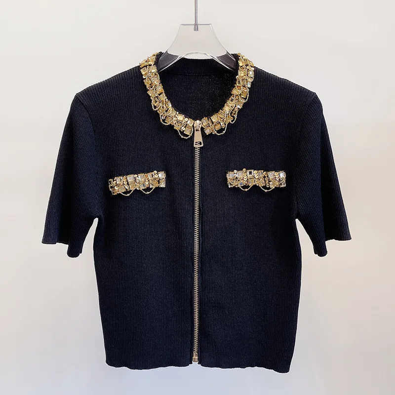 

Simple Basics Beading Diamonds Knitted T shirts for WomenT-shirt Elastic Slim Short Sleeve Summer Knitwear Tops Tees Pull Femme
