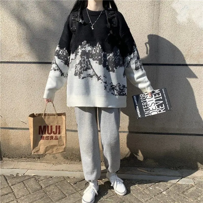 

Sweaters Streetwear Women Hip Hop Snow Mountain Knitted Jumper Harajuku Pullover Jacquard Knitwear Tops Knit Female Outwear 2022