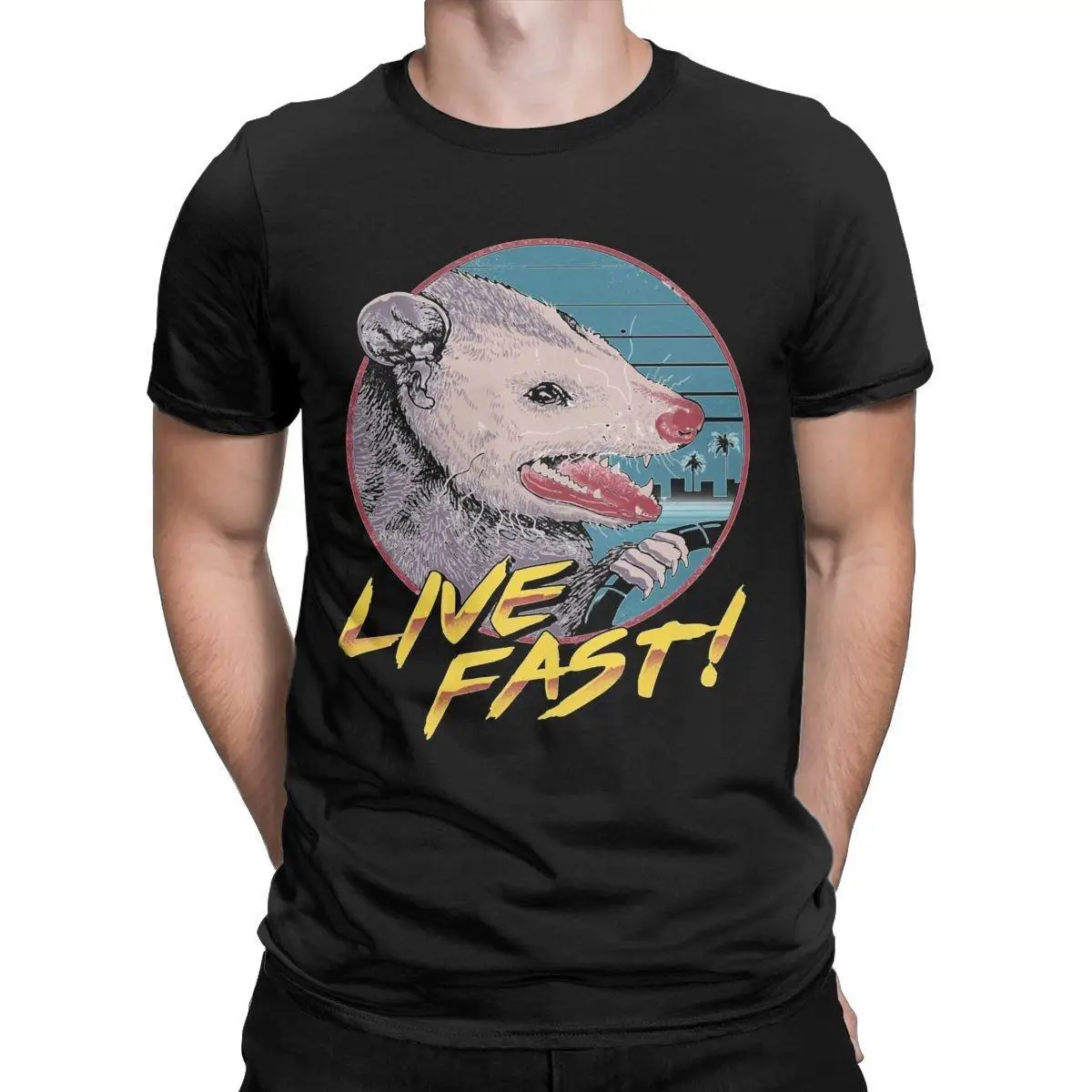 Live Fast! Eat Trash! T Shirts Men's Cotton Creative T-Shirt Crew Neck Retro Opossum Tees Short Sleeve Tops Big Size