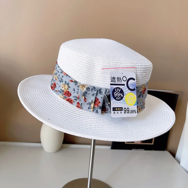 Wide Brim Summer Hat for Women Flat Top Flower Ribbon Decoration Straw Hat Sun Hat Beach Hat Sun Protection Kentucky Derby Hat