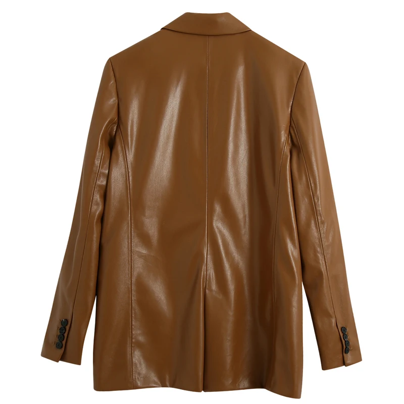 Fashion Notched Brown PU Blazers Women Faux Leather Loose Jackets Elegant Single Button Suits Female Ladies Outwear Mid Length