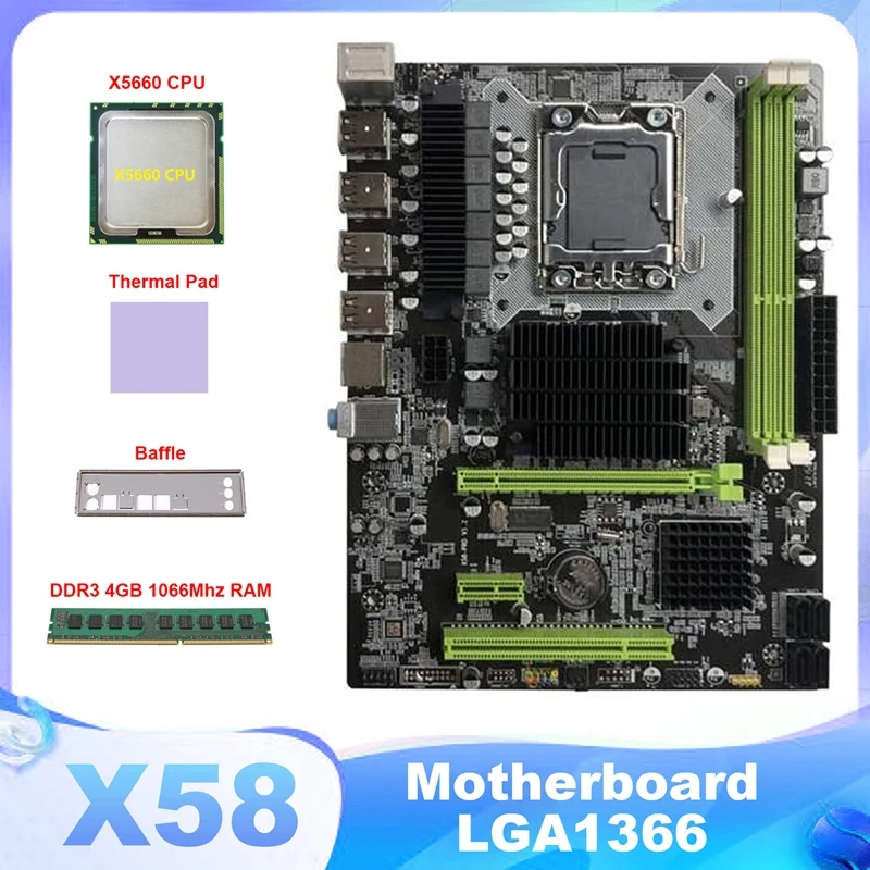 

Материнская плата X58 LGA1366, компьютерная материнская плата с поддержкой RX, графическая карта с процессором X5660 + DDR3 4 Гб 1066 МГц ОЗУ + термоподушк...