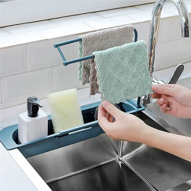 

Telescopic Sink Rack Soap Sponge Dish Drainer Storage Basket Bag Faucet Holder Adjustable Bathroom Sink Kitchen Accessories