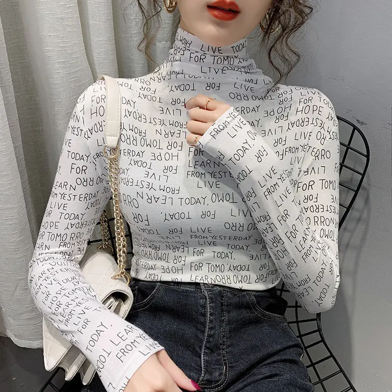 

2022 Spring Autumn Letter Printed Cotton T-shirt Turtleneck Long Sleeve Tops for Female Korean Casual Clothing New Fashion Tops