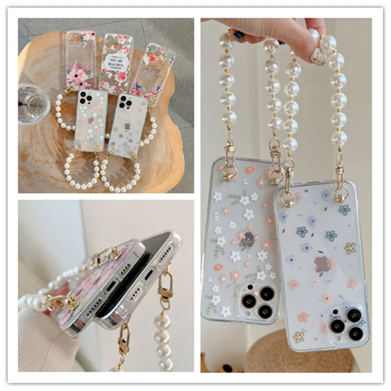 

Fashion Pearl Bracelet Phone Case Protective Soft Shell For iPhone 13 12 11 ProMax XSMAX XR X 8 7 Plus Transparent Flowers Cover
