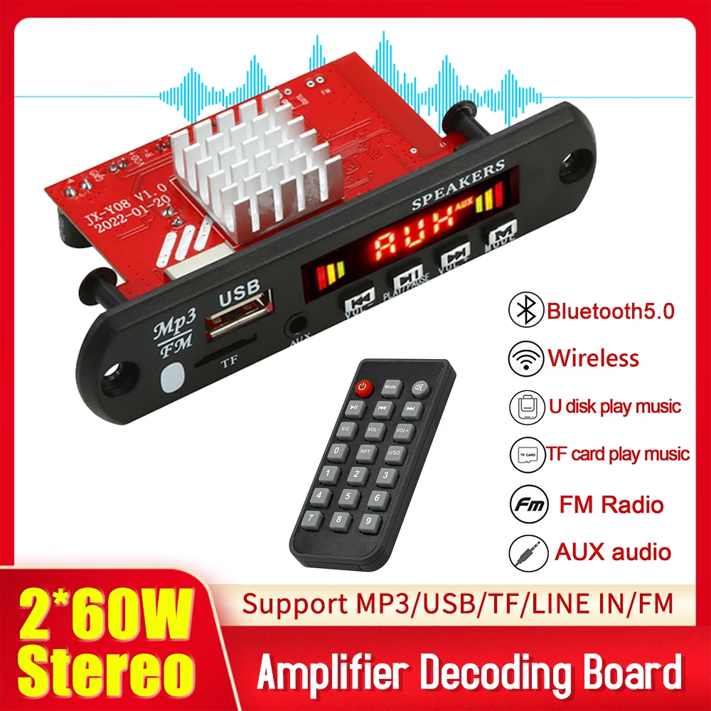 2*60Wamplifier MP3-декодер доска Bluetooth 5 0 автомобильный MP3-плеер TF USB рекордер аудио модуль