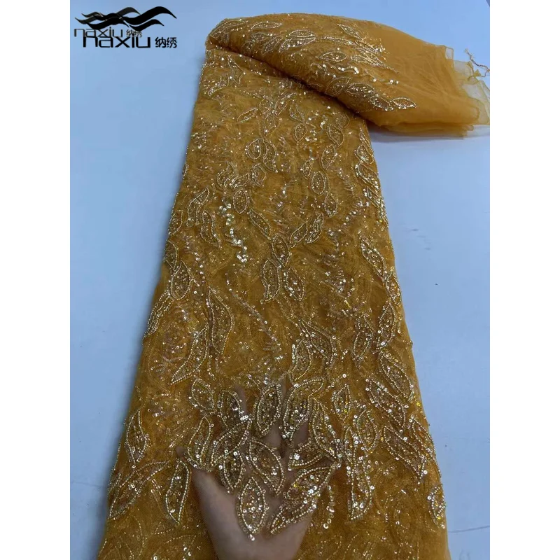 

5 Yards Tulle Net Africa Lace Fabric 2023 Luxury Hand Beaded Lace Fabric Crystal Sequins Lace Fabric for Bridal Wedding