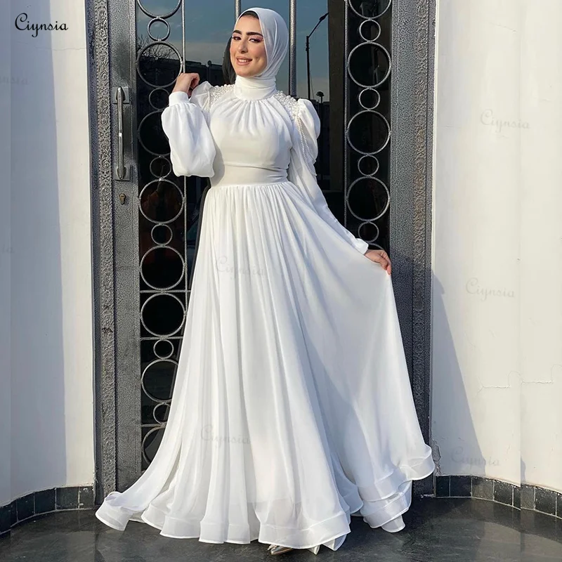 Ciynsia Eleagnt A Line White Wedding Dresses Vestidos De Novia High Neck Long Sleeves Chiffon Pearls Muslim Hijab Bridal Gown