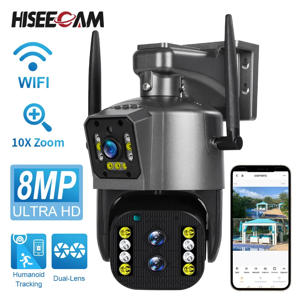 8MP 4K Dual Lens Wifi PTZ Camera Outdoor Wireless Smart Home 10X Optical Zoom CCTV IP Camera Security Protection Auto Tracking