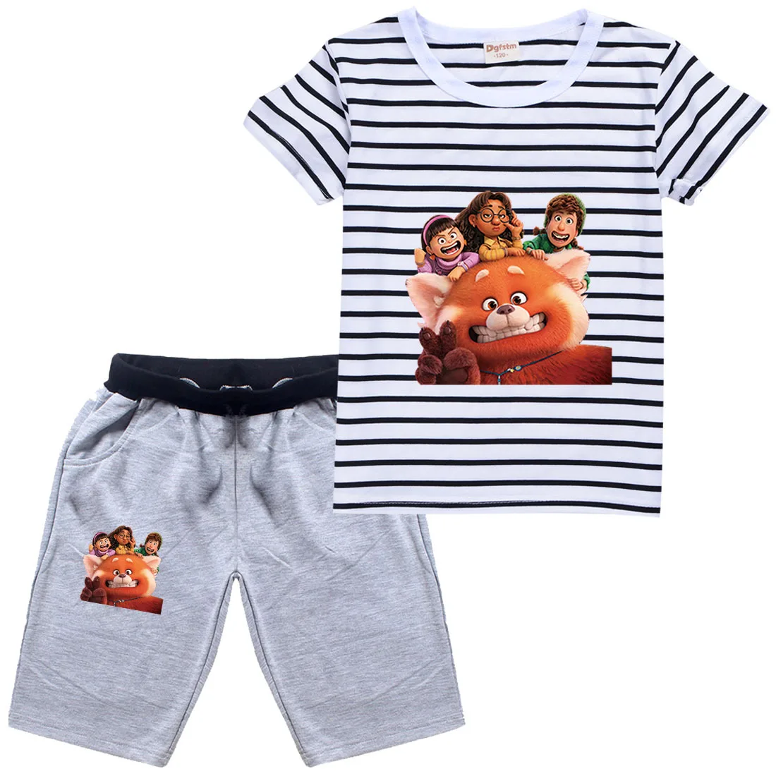 

2022 New Disney Summer Girls Boys Striped Short Sleeve T-Shirt Cotton Shorts Cute Turning red Cartoon Print Clothing Set